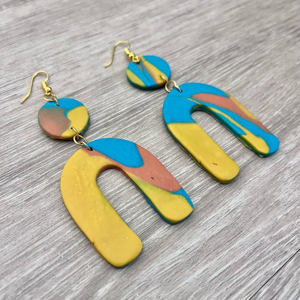 Horseshoe Double Drop Earrings with Marbled Colors & Gold Links - Handmade, New
